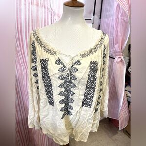 Cream w/blue embroidery LS Top